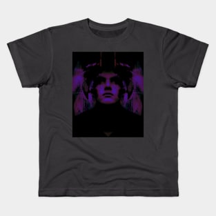 Portrait, digital collage, special processing. Dark, strong. Guy face looking up high. Fantasy. Violet and blue, sci-fi. Kids T-Shirt